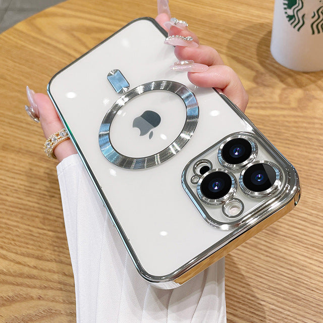 Clear Plating Magnetic iPhone Case - MagSafe Compatible, Lens Protection, Wireless Charging Ready Case for iPhone