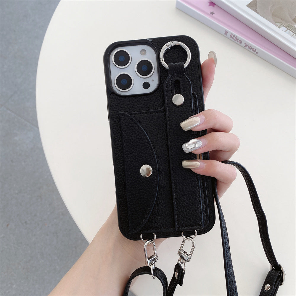 Luxury Crossbody Leather Wallet iPhone Case – Wrist Strap, Ring Holder, Card Slot, Shockproof Protection, Stylish Design for iPhone