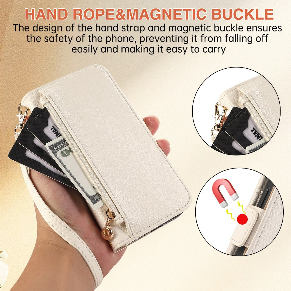 Luxury Crossbody Zipper Wallet iPhone Case – Leather Card Holder, Hands-Free Strap, Shockproof Protection, and Stylish Design for Ultimate Convenience