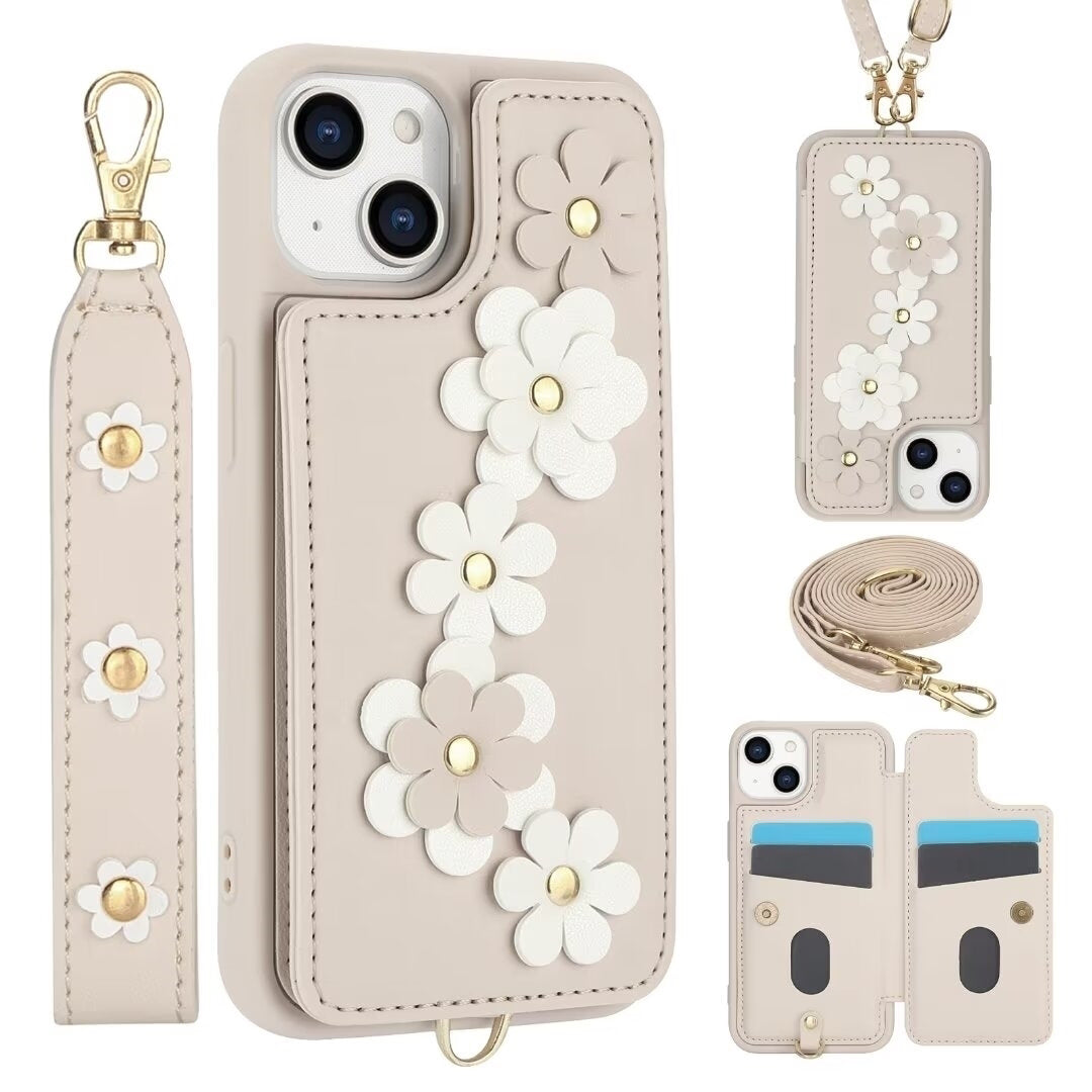 Luxury Crossbody Wallet Leather iPhone Case – 3D Flower Design, Card Slot, Wrist Strap, Magnetic Closure, Protective Cover