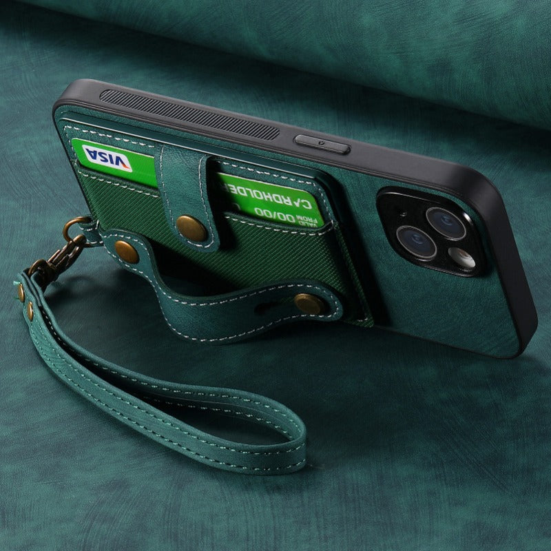 Luxury PU Leather Wallet iPhone Case with Wrist Strap – Stand Function, Card Holder, Protection for Secure and Convenience