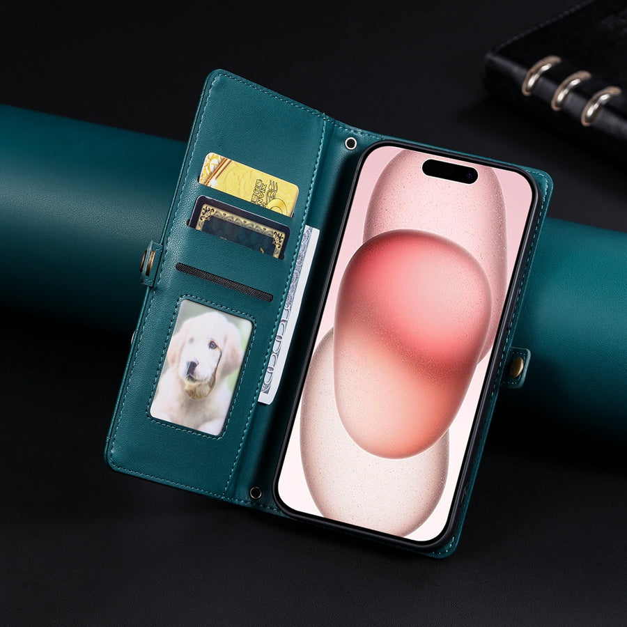 Luxury Dual-Layer Wallet iPhone Case – Flip Leather Cover with Card Slots, Photo Frame, 2 Lanyards, Shockproof Protection, and Stand Feature for iPhone