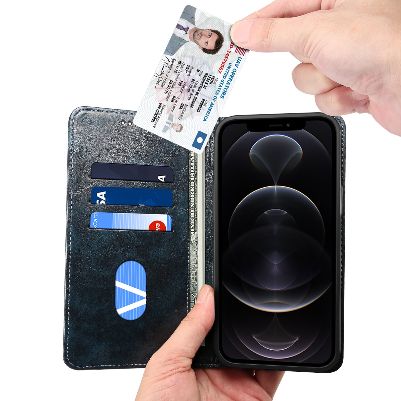 Luxury Genuine Leather Wallet Flip iPhone Case – Magnetic Closure, Card Holder, Stand Function, Shockproof Protective Cover, Classic Book-Style Design