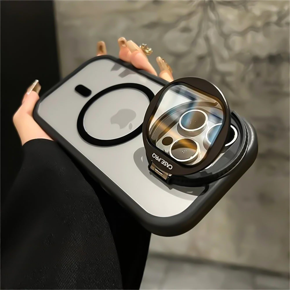 Luxury Glass Camera Stand iPhone Case - Transparent Magnetic Acrylic Cover, Wireless Charging Compatible, Case for iPhone