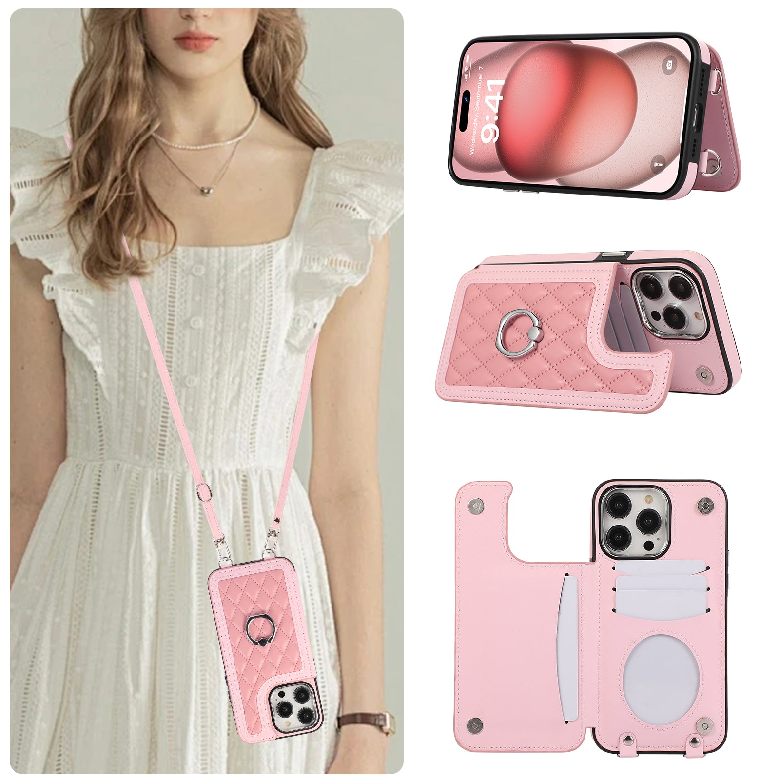 Luxury Crossbody RFID Leather Wallet iPhone Case – Card Slot, Ring Holder, Double Buckle, Lanyard Bag Cover, Magnetic Closure