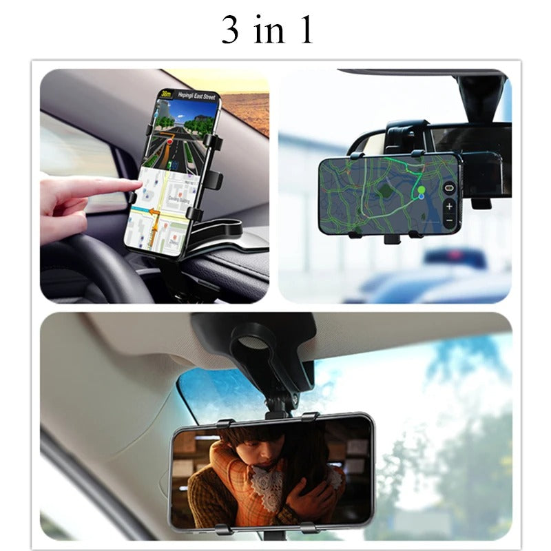 Universal Car Phone Holder Mount – 3-in-1 Clip for Dashboard, Rearview Mirror, Sun Visor | Adjustable 3–7.2" Support, Anti-Slip, 360° Rotation, ABS Build