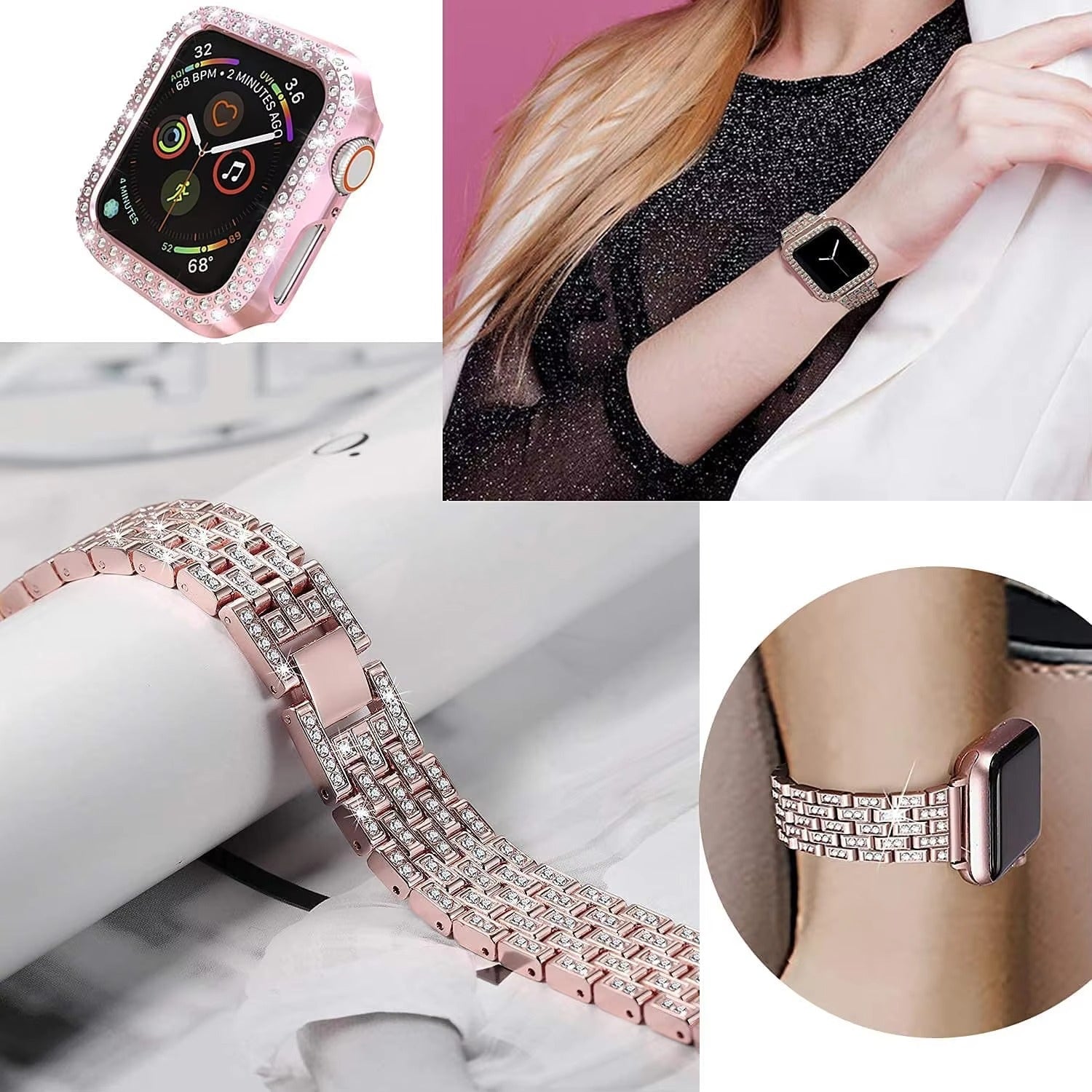 Luxury Glitter Metal Watch Band with Diamond Case – Sparkling Adjustable Strap and Protective Cover for 40mm to 49mm 