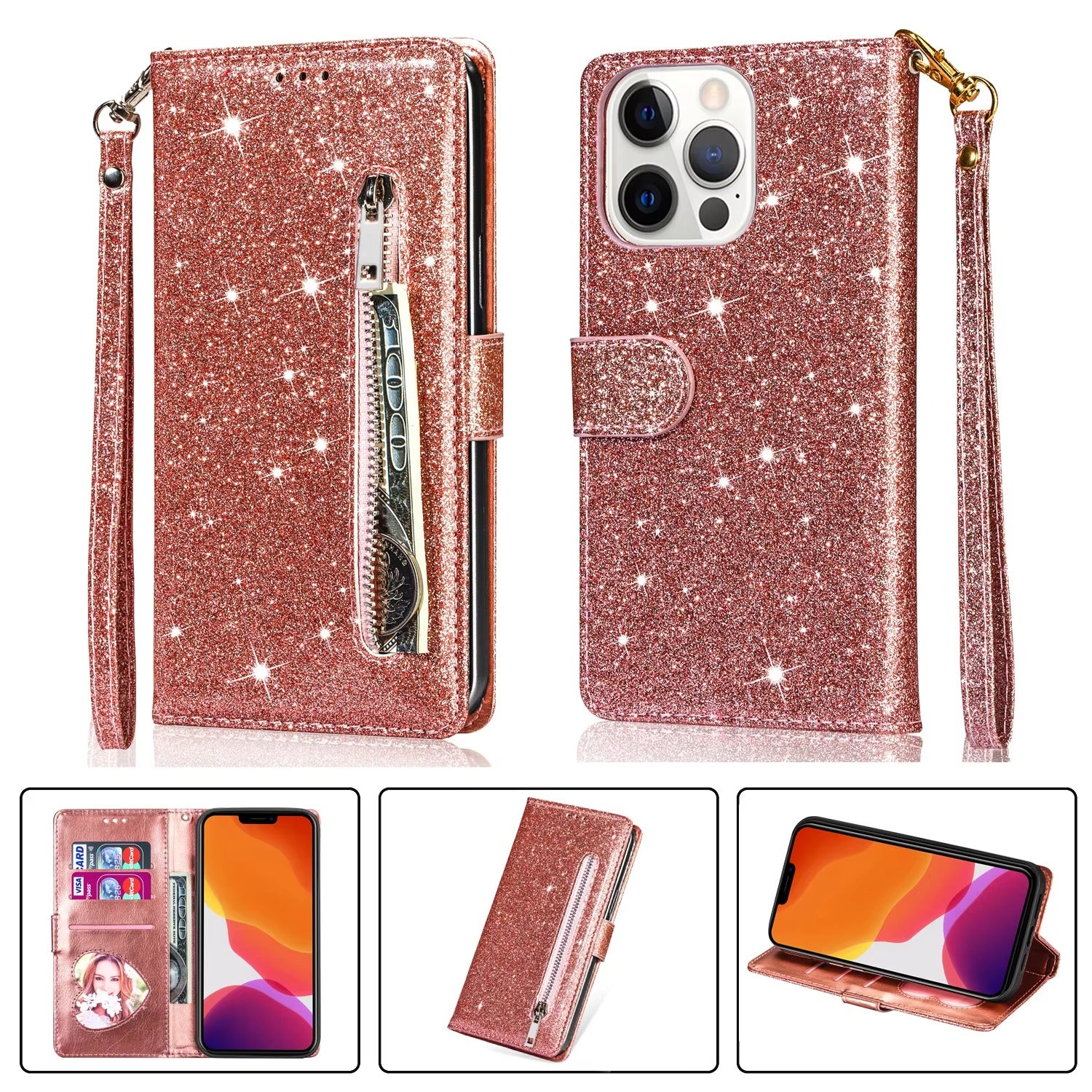 Luxury Apple iPhone Case, MagSafe Compatible, Camera Lens and Screen Protection, Ultra Thin, Shockproof, Magnetic, Full All Around Protection, Glitter Zipper Wallet Cover