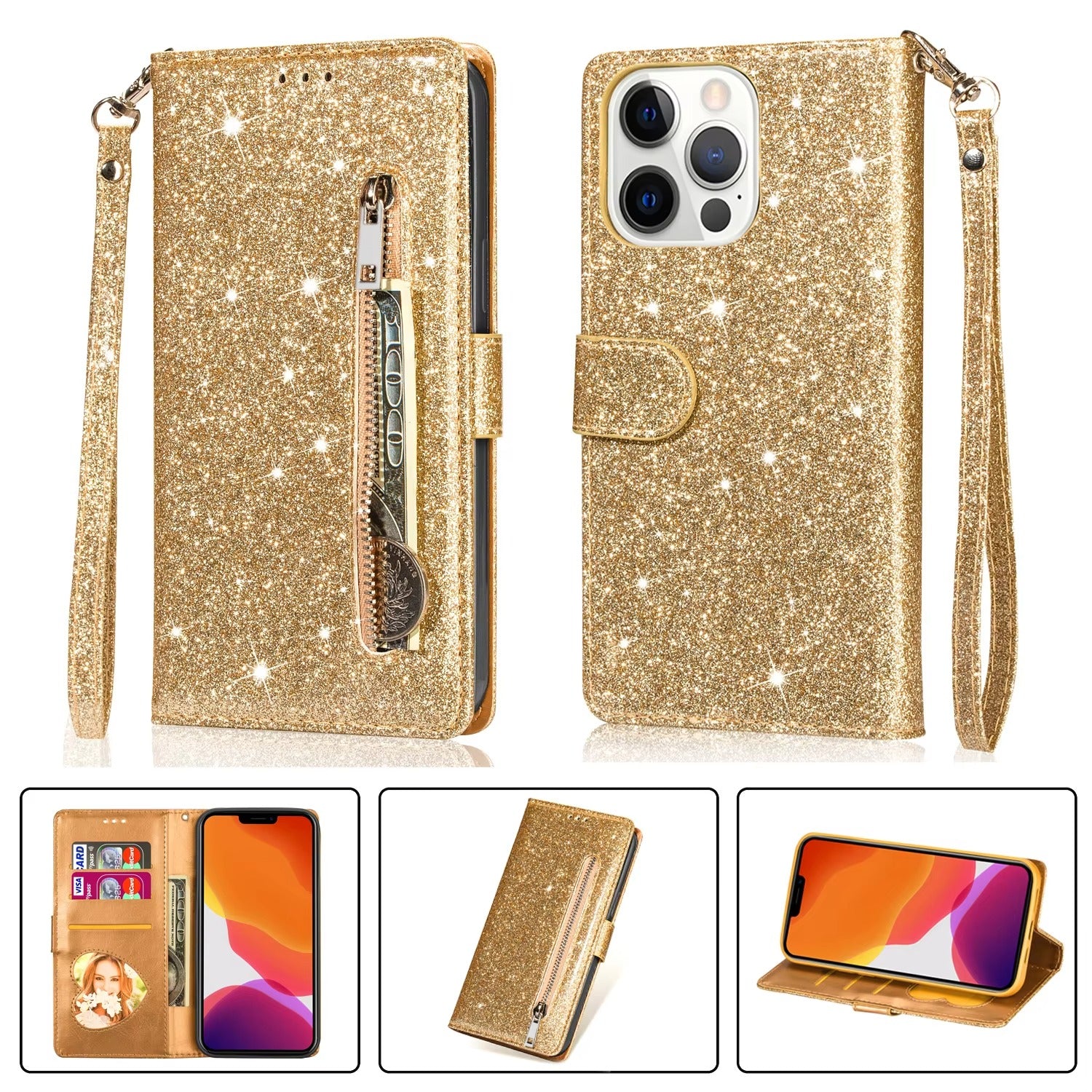 Luxury Apple iPhone Case, MagSafe Compatible, Camera Lens and Screen Protection, Ultra Thin, Shockproof, Magnetic, Full All Around Protection, Glitter Zipper Wallet Cover