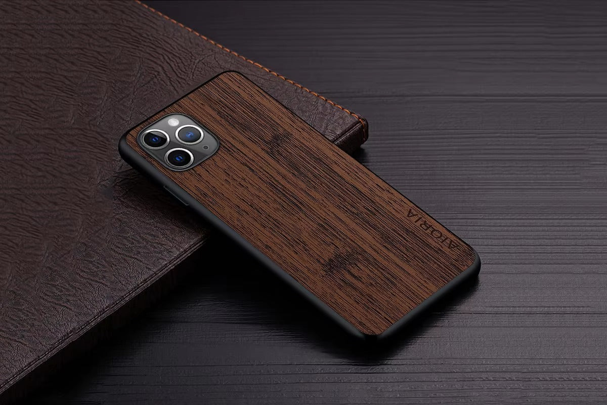 Premium Wood Grain iPhone Case MagSafe Compatible Ultra Thin Magnetic with Smooth Brown Texture and Metallic Frame Design