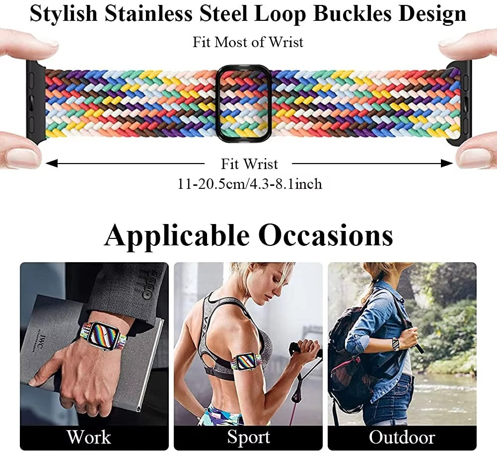 Premium Nylon Braided Solo Loop for Apple Watch – Adjustable Elastic Strap, Breathable Band for 40mm to 46mm Apple 