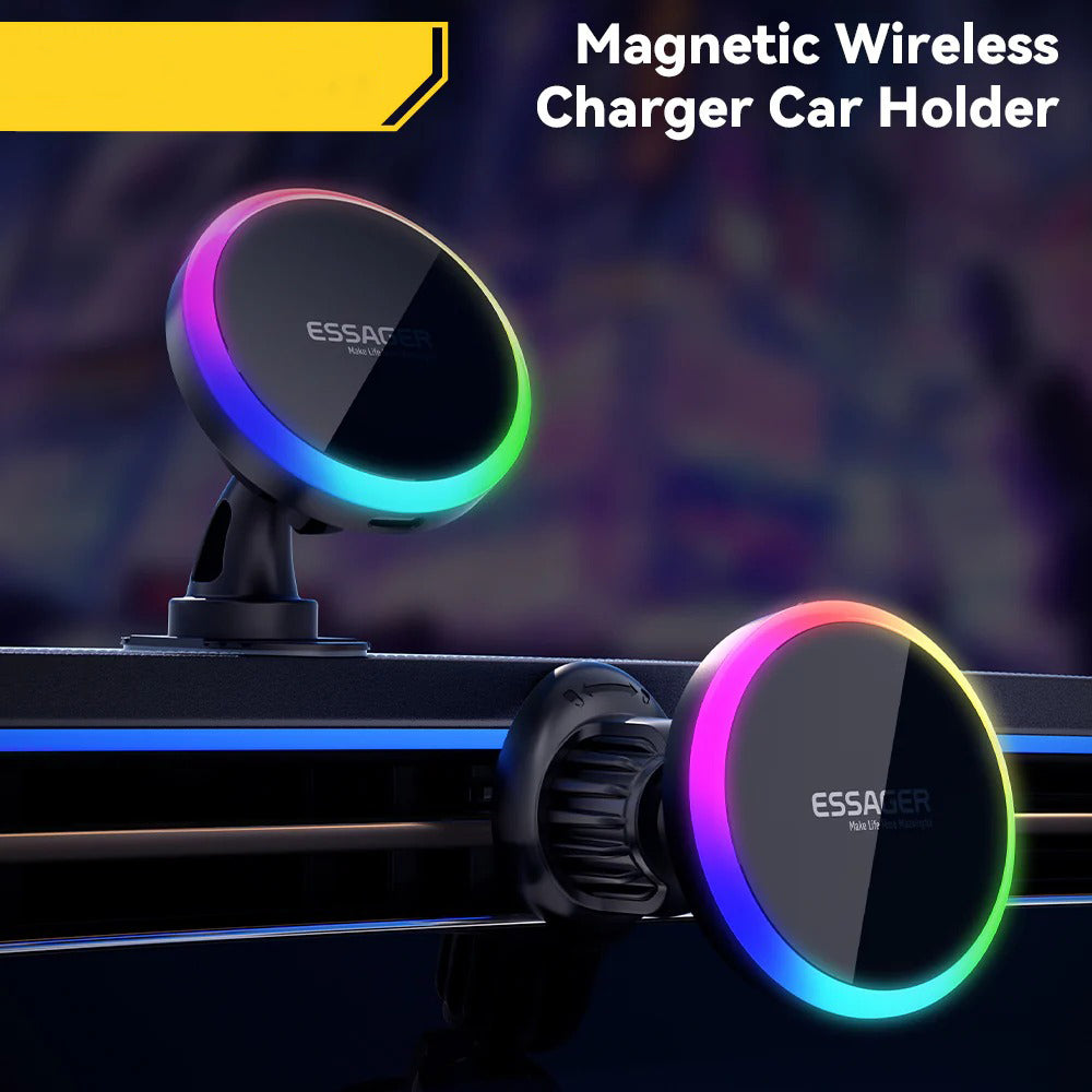 Premium, RGB, Magnetic Car Phone Holder, with 15W Qi Wireless Charging, Dashboard or Vent Mount, Fast Charger Stand for iPhone