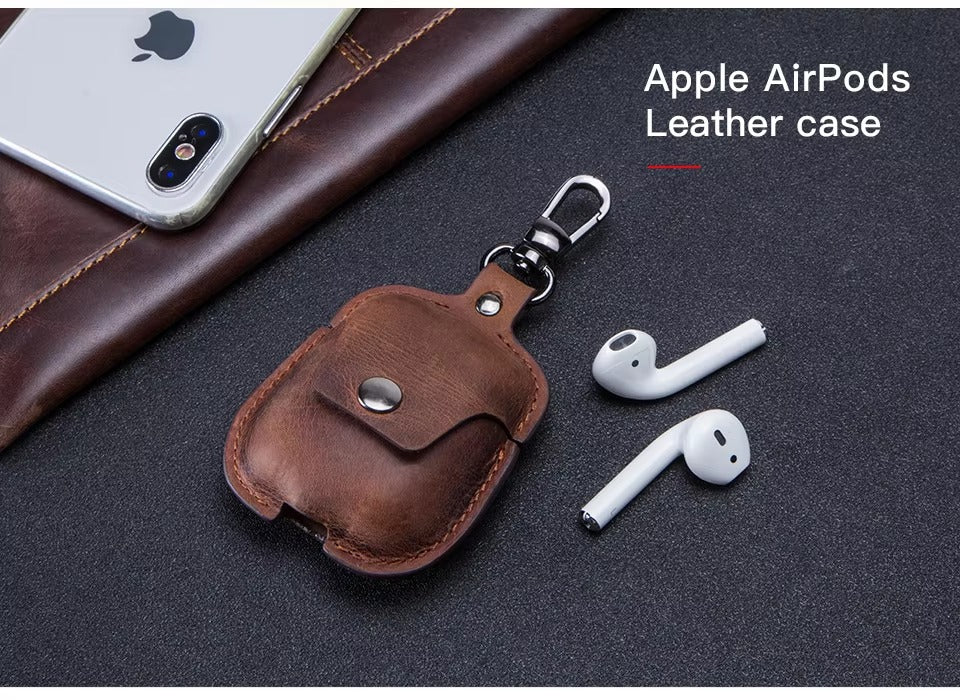 Luxury Genuine Leather Case for AirPods Pro, 2, 1 – Wireless Earphone Protective Cover, Elegant Funda with Keychain Hook, Shockproof and Stylish Design