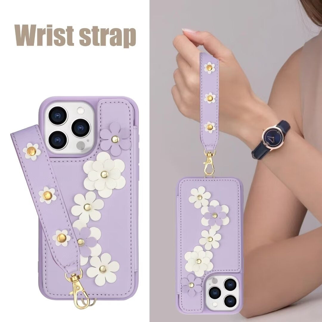 Luxury Crossbody Wallet Leather iPhone Case – 3D Flower Design, Card Slot, Wrist Strap, Magnetic Closure, Protective Cover