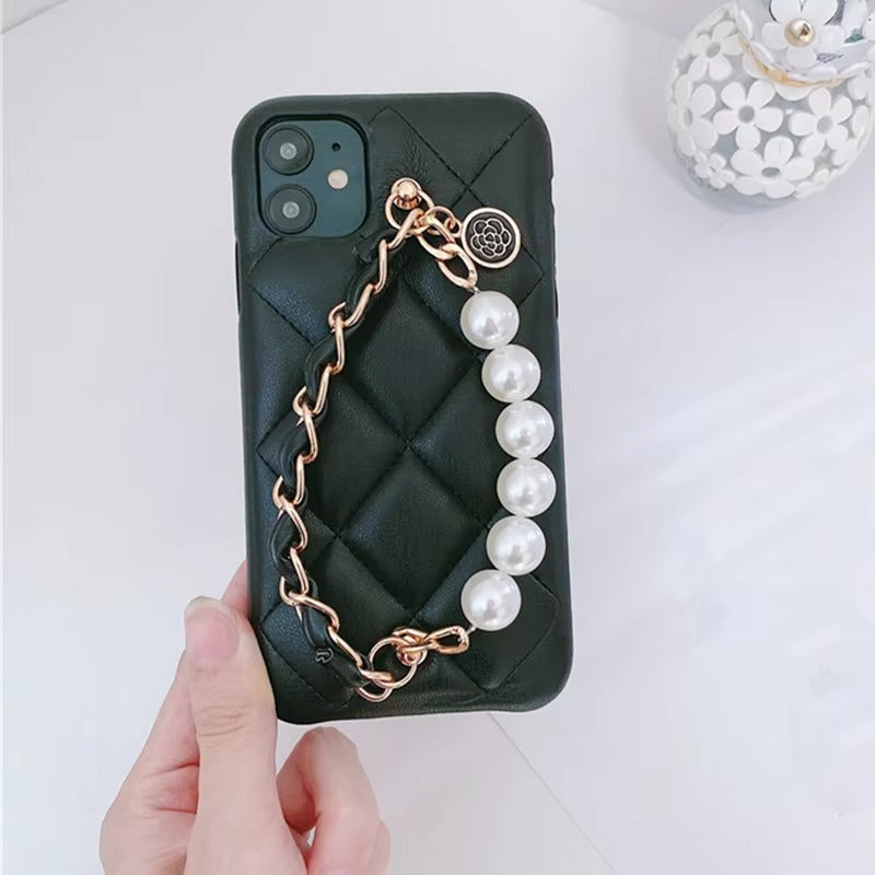 Luxury Apple iPhone Case, MagSafe Compatible, Camera Lens & Screen Protection, Ultra Thin, Shockproof, Magnetic Full All Around Cover – Pearl Metal Hand Chain Case with Lattice Lambskin Pattern for Women