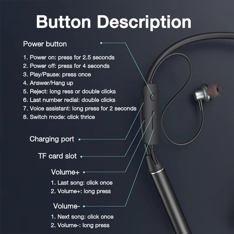 High Quality Wireless Neckband Earphones for iPhone – Bluetooth Sport Headset with Mic,180-Hour Battery, TF Card Support