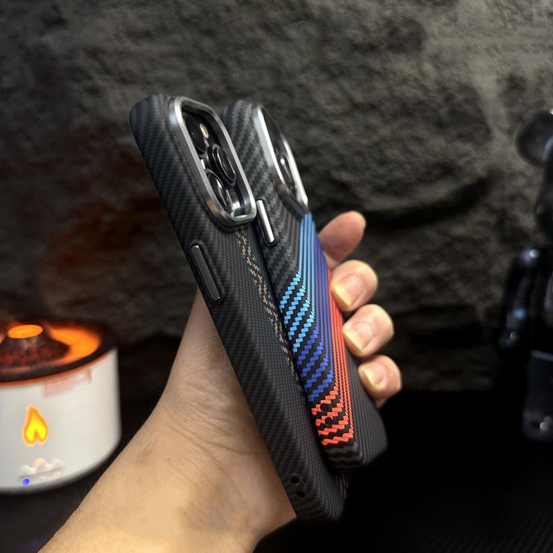 Hit Color Carbon Fiber Texture MagSafe iPhone Case – Wireless Charging Hard PC Cover with Relief Design for iPhone Models