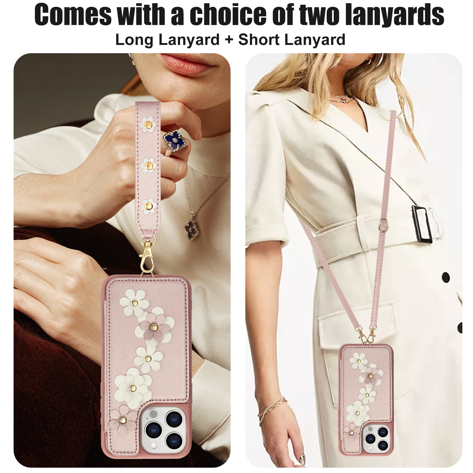 Luxury Crossbody Wallet Leather iPhone Case – 3D Flower Design, Card Slot, Wrist Strap, Magnetic Closure, Protective Cover