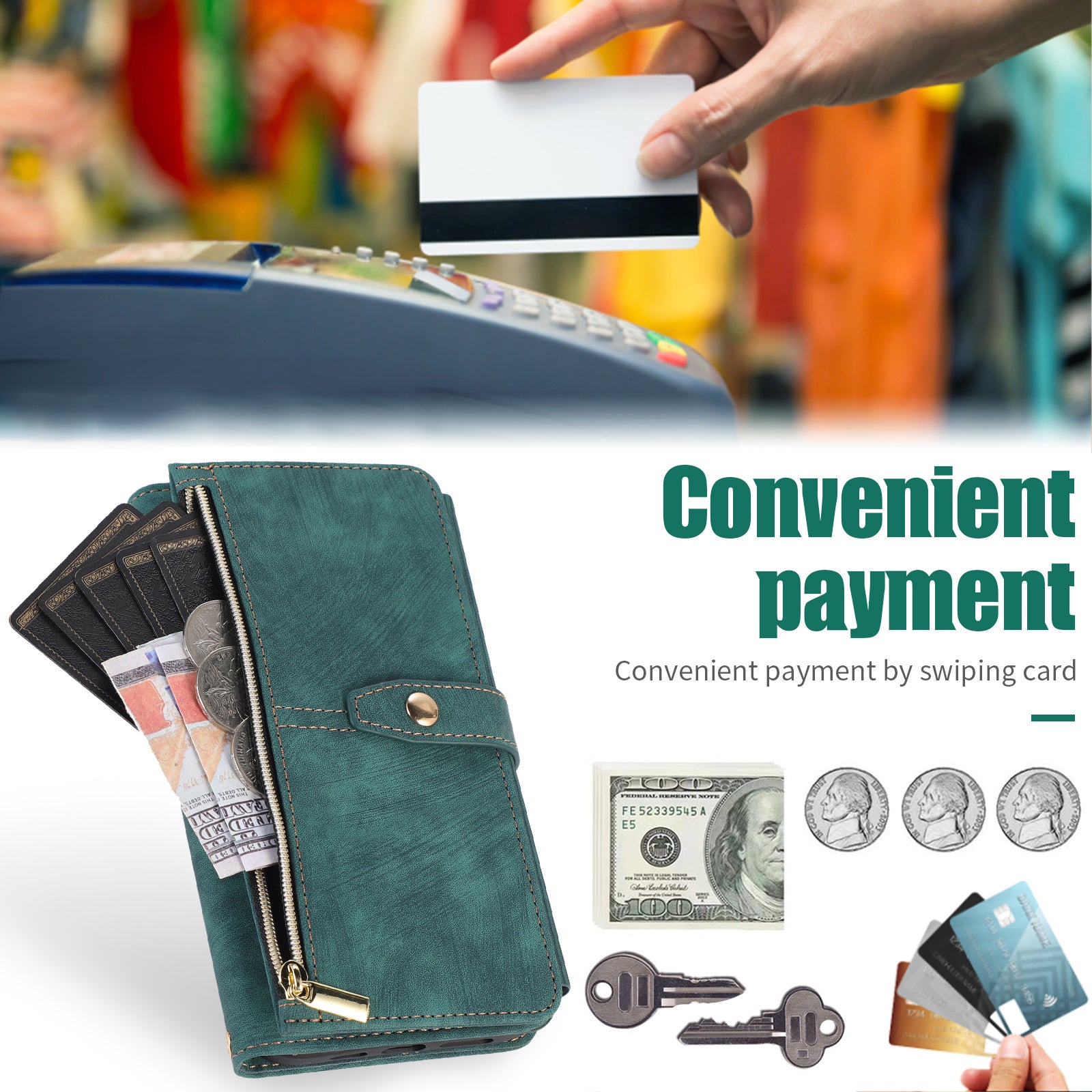 Luxury Crossbody Zipper Wallet iPhone Case – Leather Card Holder, Lanyard Strap, Closure Hands-Free Convenience for iPhone