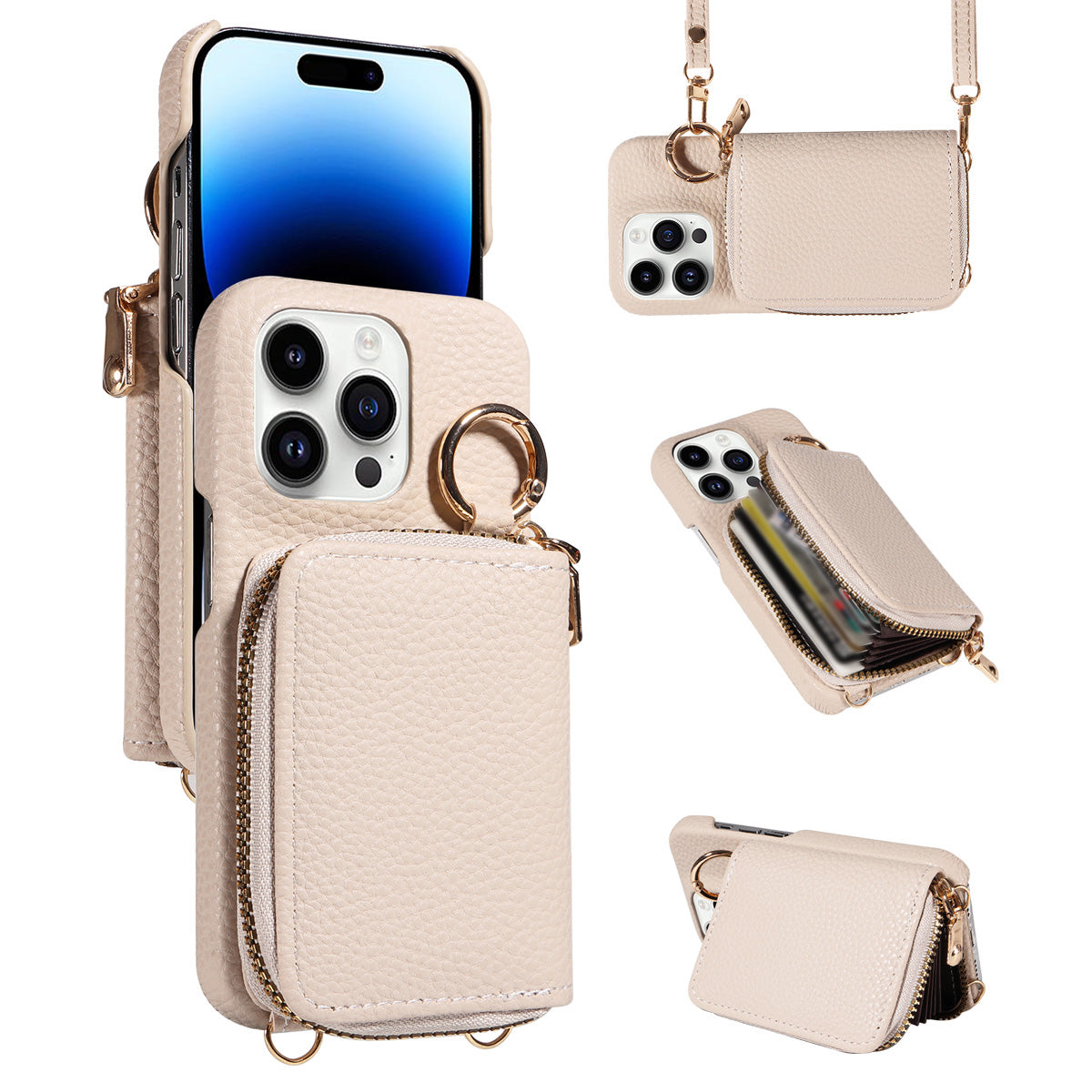 Luxury Zipper Wallet Crossbody iPhone Case Leather Cover with Card Holder Lanyard Strap and Full Protection for iPhone Models