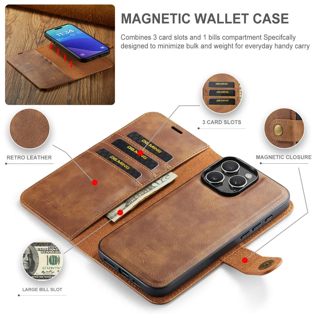 Premium Detachable Magnetic Leather Wallet iPhone Case – Card Holder, and Stylish Flip Cover for Secure and Convenient Use