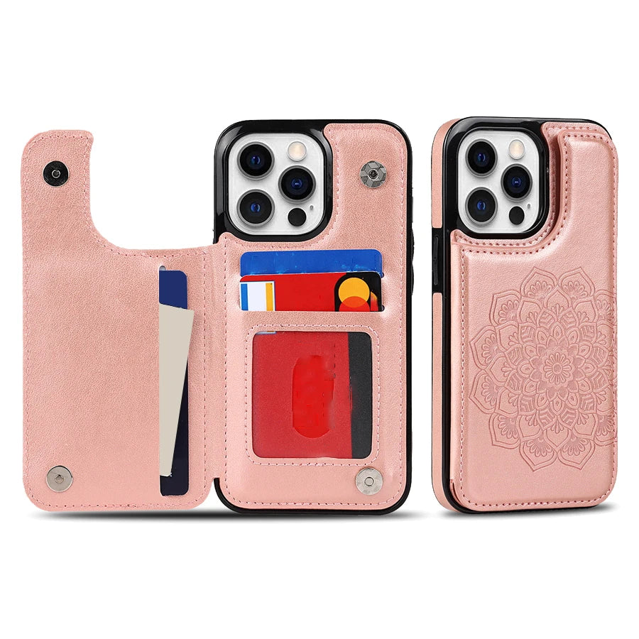 Luxury Wallet Datura Double Buckle iPhone Case – Magnetic Flip, Card Slot, Protective & Stylish Leather Cover Case for iPhone