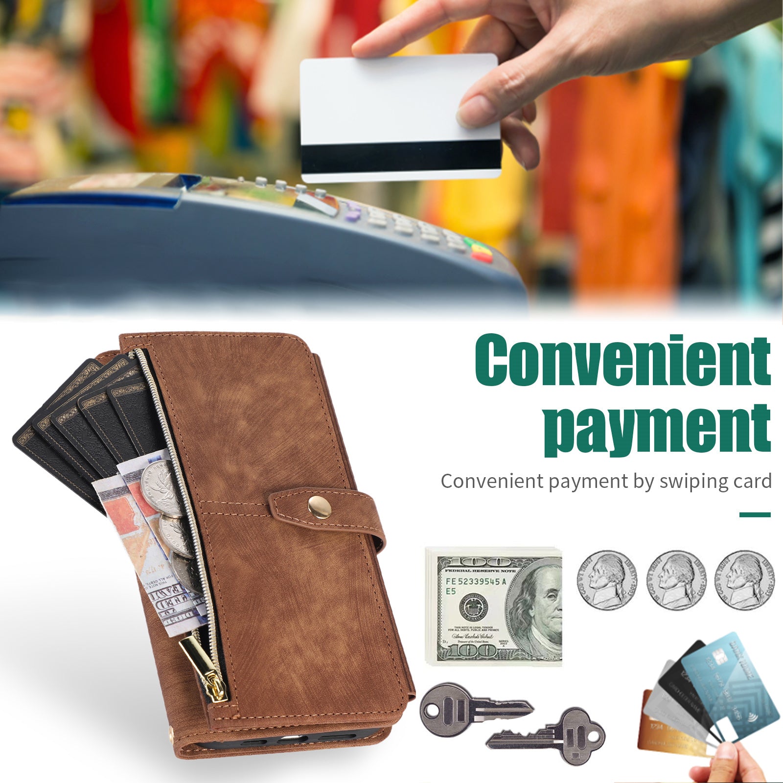 Luxury Crossbody Zipper Wallet iPhone Case – Leather Card Holder, Lanyard Strap, Closure Hands-Free Convenience for iPhone