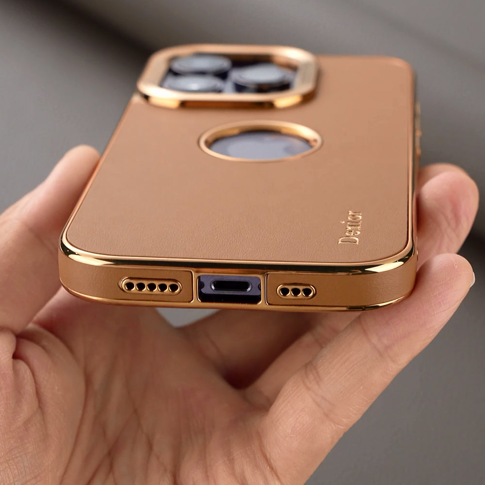 Luxury Business Cowhide Leather iPhone Case – Plating Shockproof Cover for iPhone Models, Sleek and Durable Design