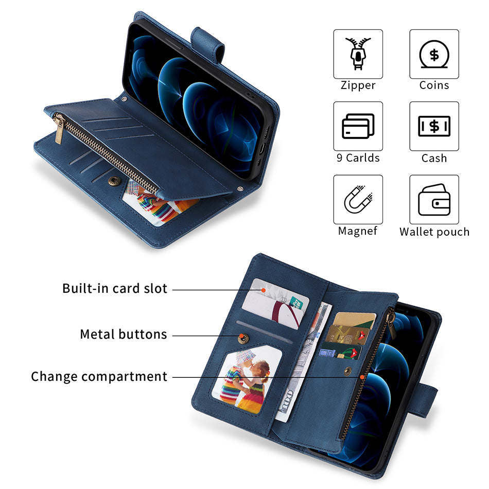 Premium Retro Flip Leather iPhone Case – Zipper Wallet, Multi-Card Slots, Necklace Lanyard, Magnetic Closure, Shockproof Protection for iPhone