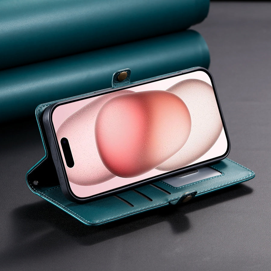 Luxury Dual-Layer Wallet iPhone Case – Flip Leather Cover with Card Slots, Photo Frame, 2 Lanyards, Shockproof Protection, and Stand Feature for iPhone