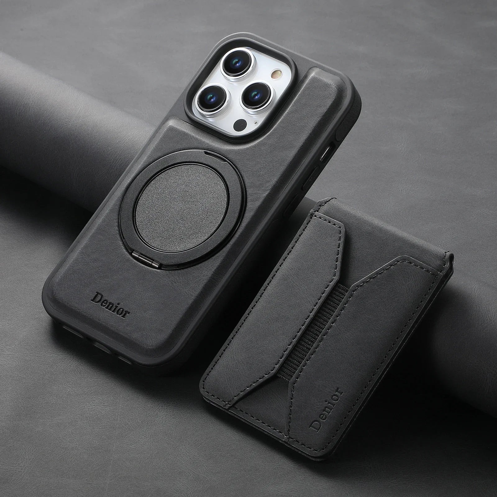 Luxury Magnetic Card Holder iPhone Case – 360° Rotating Stand, Multifunctional Leather Wallet, Shockproof Protection, MagSafe Compatible Cover for iPhone Models