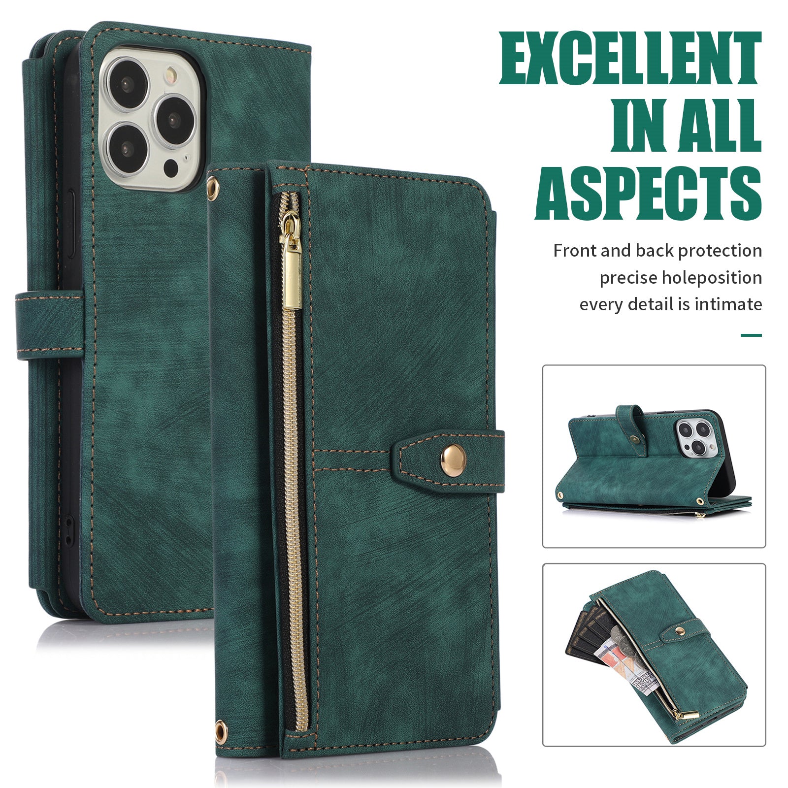 Luxury Crossbody Zipper Wallet iPhone Case – Leather Card Holder, Lanyard Strap, Closure Hands-Free Convenience for iPhone