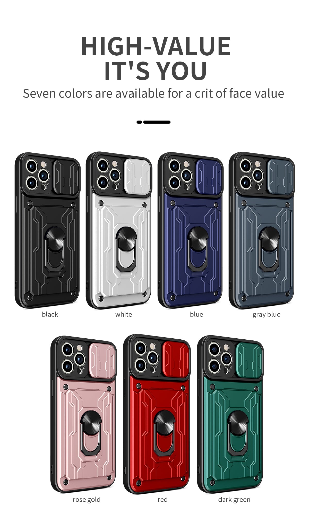 Hidden Slide Card Slot iPhone Case – Lens Protection, Magnetic Ring Stand, Shockproof Cover for iPhone Models