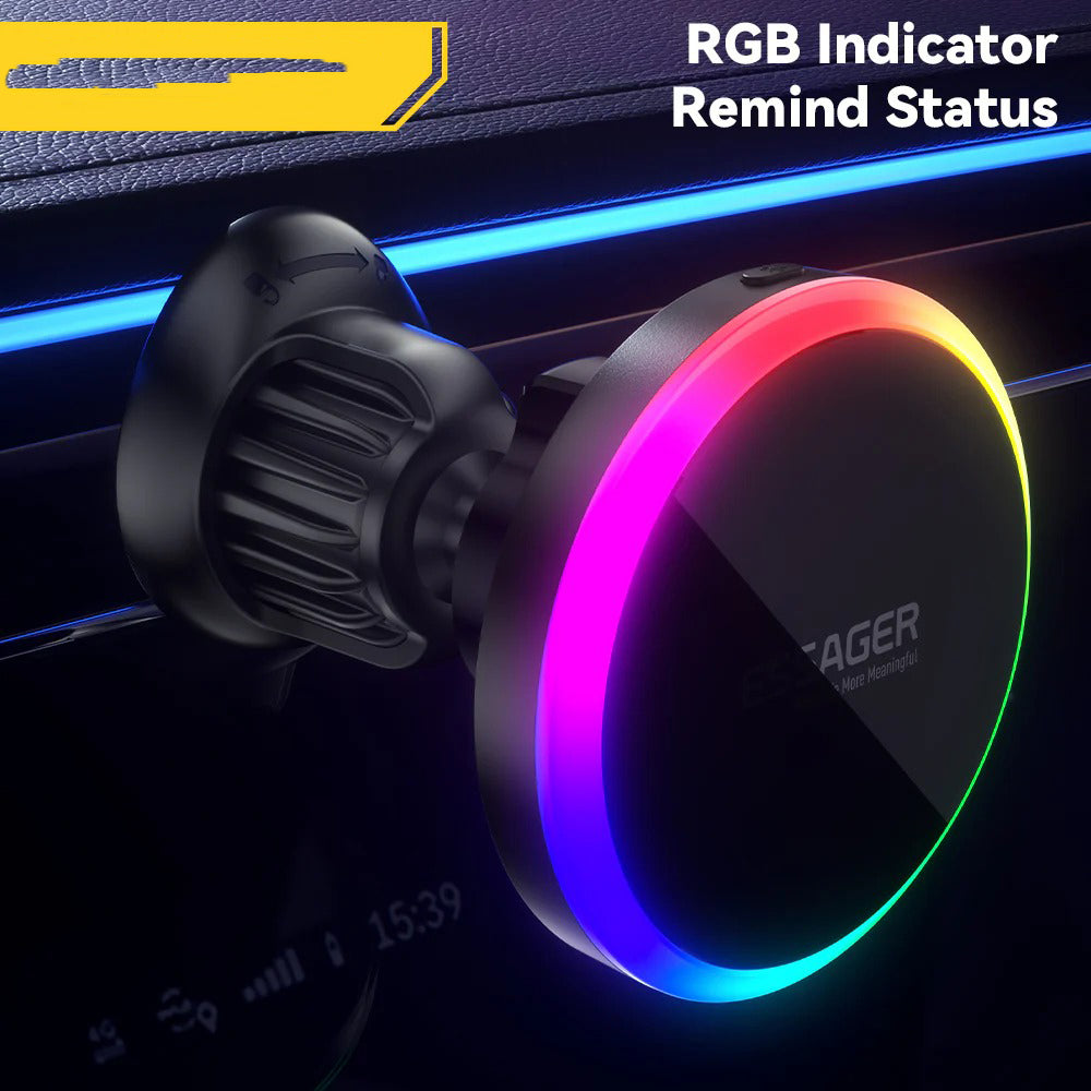 Premium, RGB, Magnetic Car Phone Holder, with 15W Qi Wireless Charging, Dashboard or Vent Mount, Fast Charger Stand for iPhone