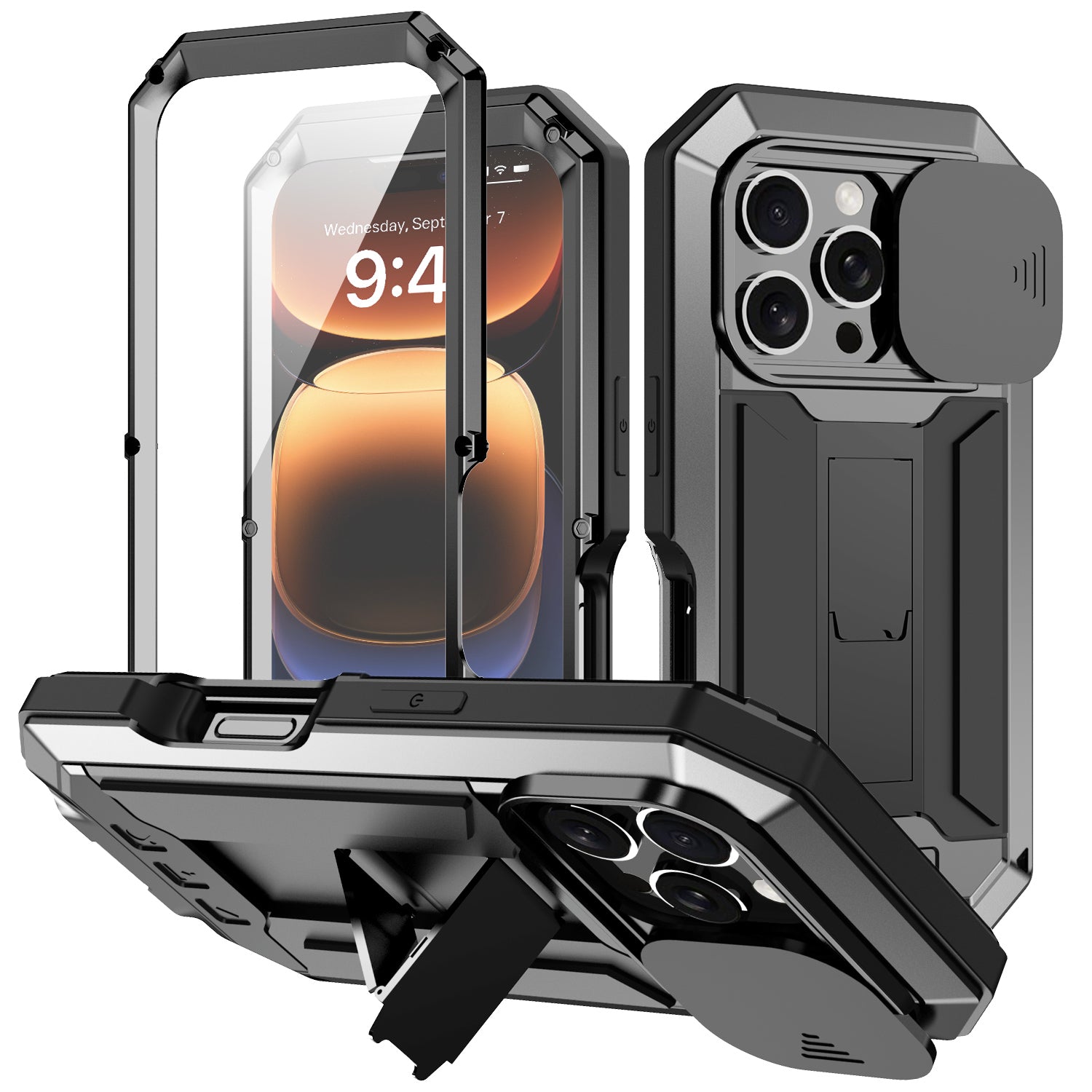 Military Heavy-Duty Metal iPhone Case – Full-Body Hybrid Cover with Slide Camera Protection & Built-in Screen Protector 
