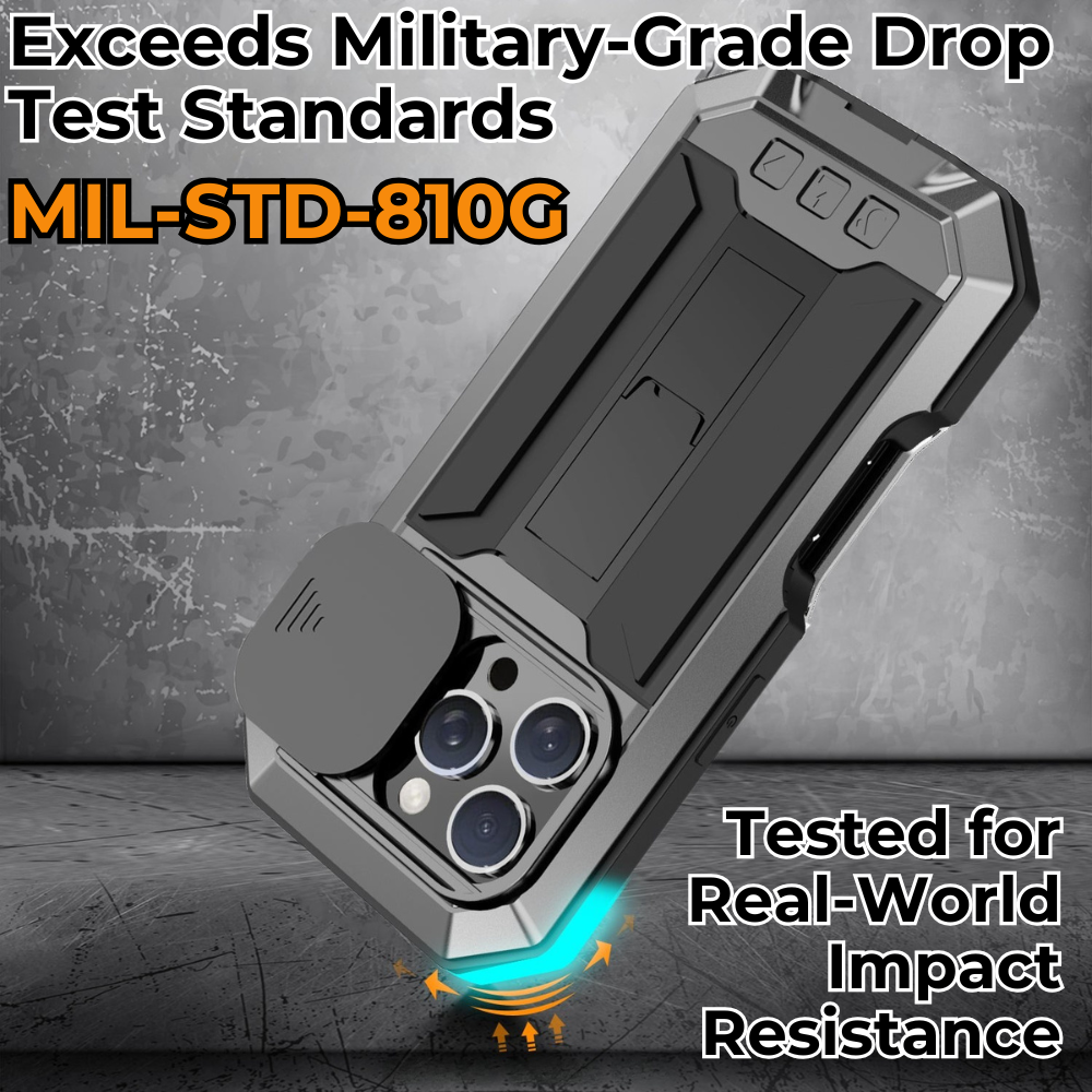 Military Heavy-Duty Metal iPhone Case – Full-Body Hybrid Cover with Slide Camera Protection & Built-in Screen Protector for iPhone Models