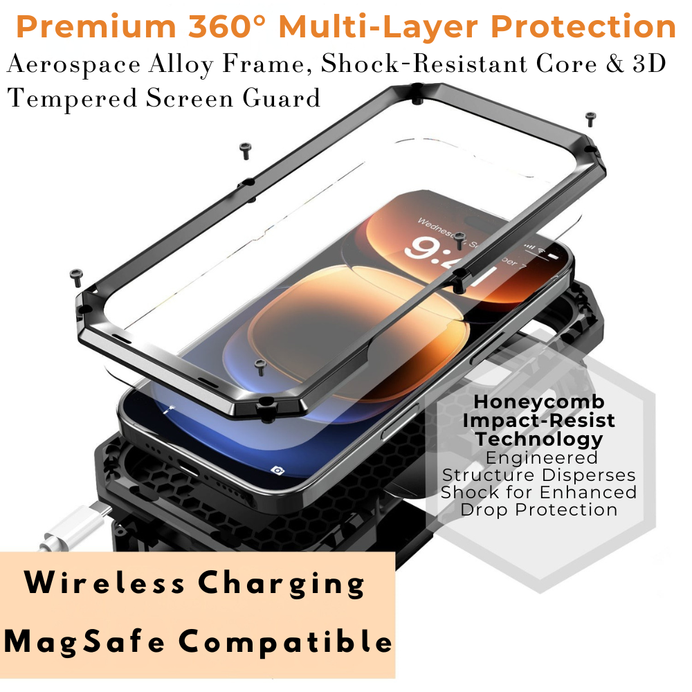 Military Heavy-Duty Metal iPhone Case – Full-Body Hybrid Cover with Slide Camera Protection & Built-in Screen Protector for iPhone Models