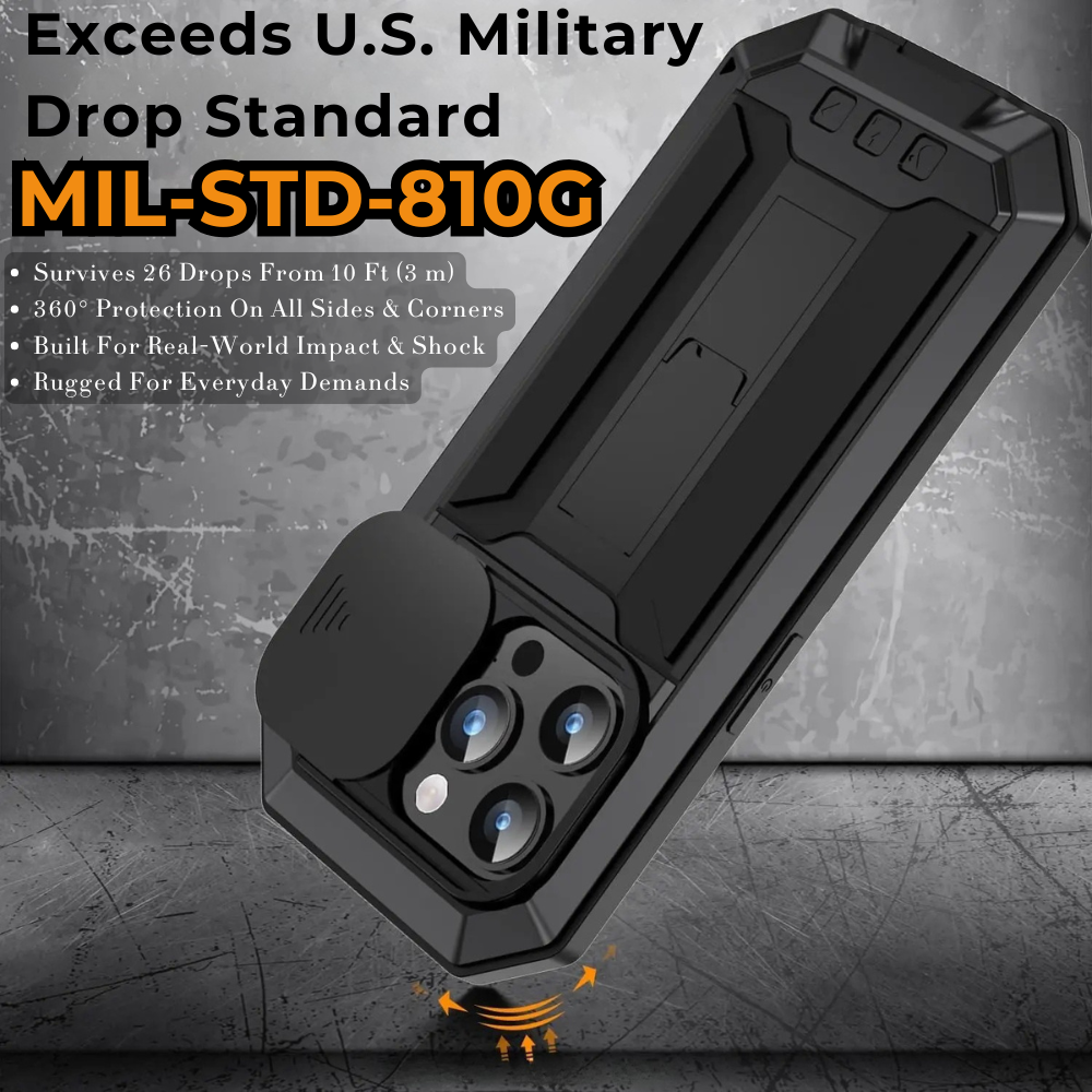 Military Heavy-Duty Metal iPhone Case – Full-Body Hybrid Cover with Slide Camera Protection & Built-in Screen Protector for iPhone Models