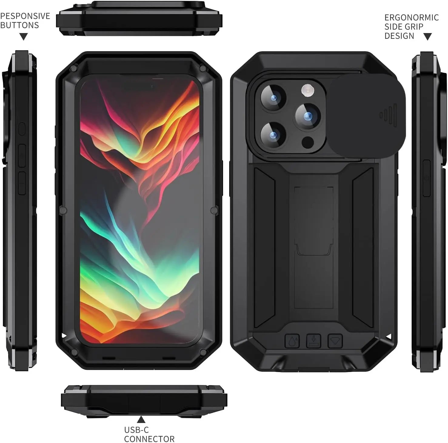 Military Heavy-Duty Metal iPhone Case – Full-Body Hybrid Cover with Slide Camera Protection & Built-in Screen Protector 