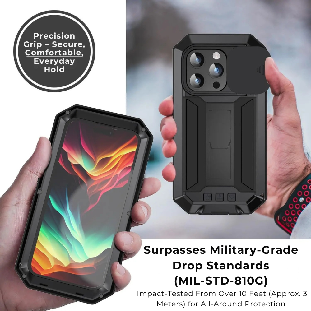 Military Heavy-Duty Metal iPhone Case – Full-Body Hybrid Cover with Slide Camera Protection & Built-in Screen Protector for iPhone Models