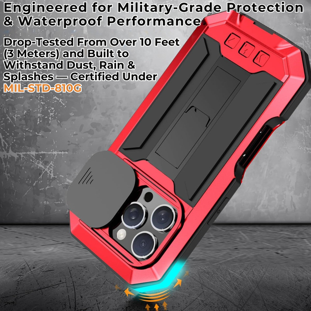 Military Heavy-Duty Metal iPhone Case – Full-Body Hybrid Cover with Slide Camera Protection & Built-in Screen Protector for iPhone Models