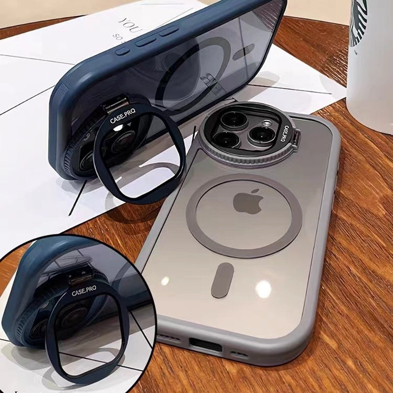 Luxury Glass Camera Stand iPhone Case - Transparent Magnetic Acrylic Cover, Wireless Charging Compatible, Case for iPhone