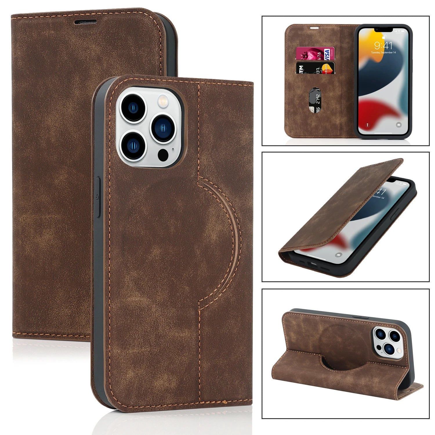 Luxury Magnetic Leather Wallet iPhone Case – MagSafe Wireless Charging, Card Slot, Stand Feature, Premium Protection, Stylish & Durable Cover