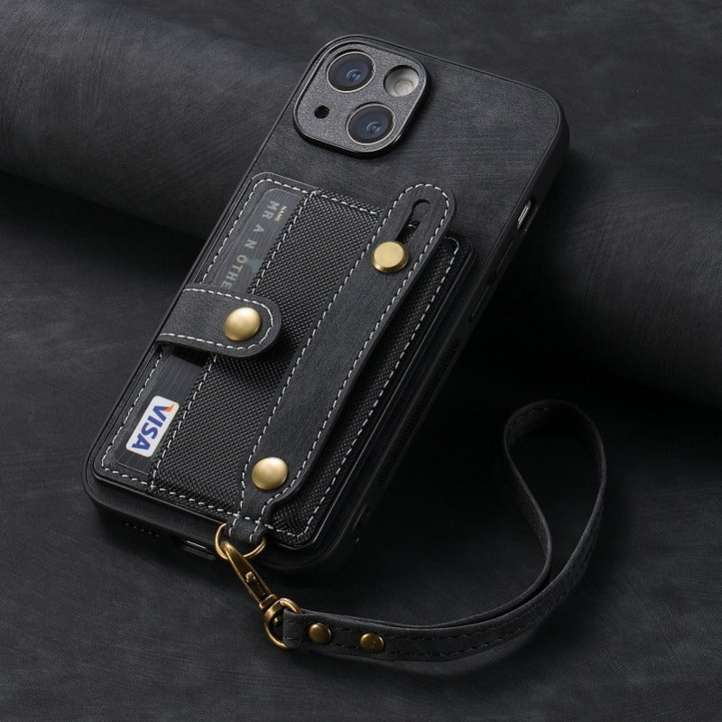 Luxury PU Leather Wallet iPhone Case with Wrist Strap – Stand Function, Card Holder, Protection for Secure and Convenience