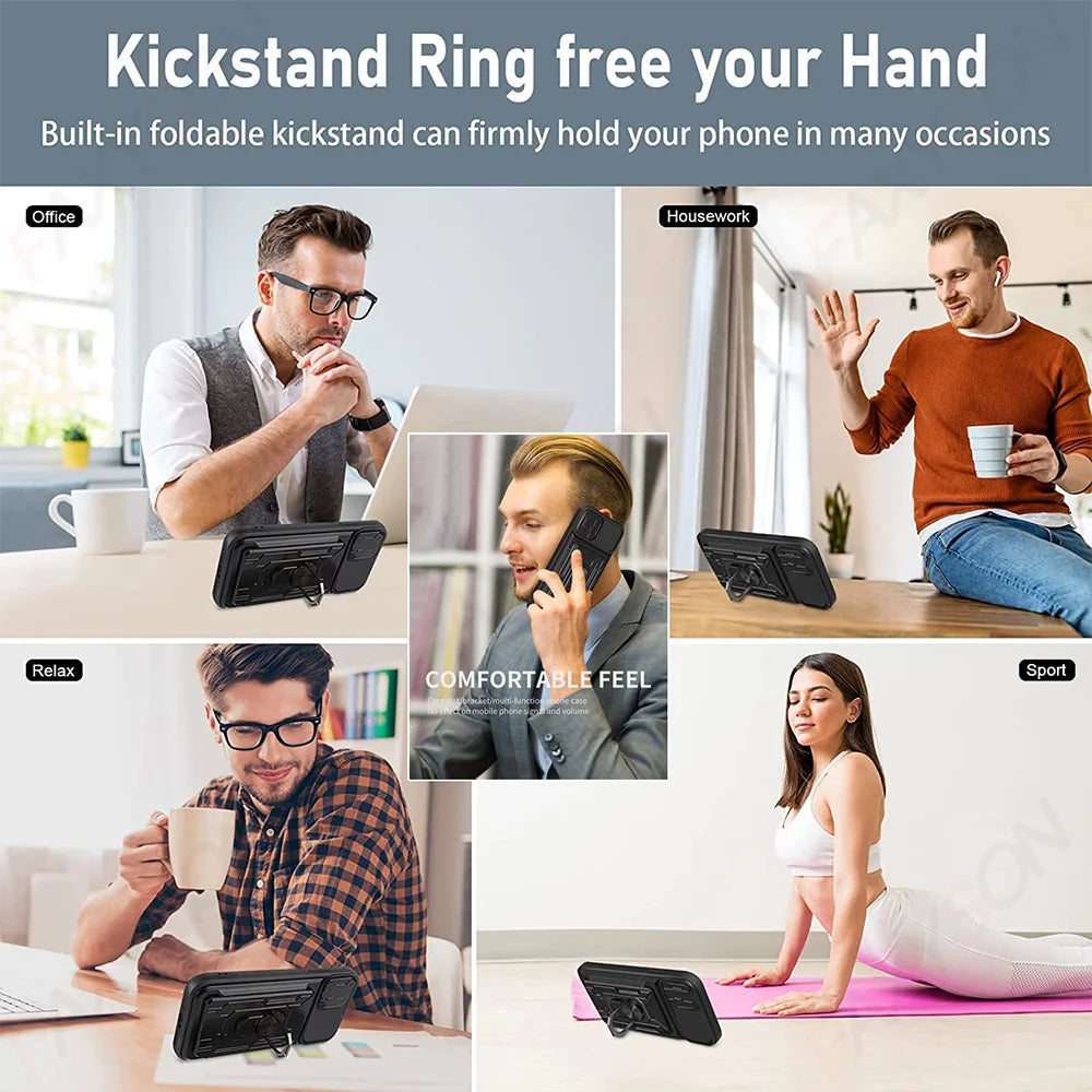 Hidden Slide Card Slot iPhone Case – Lens Protection, Magnetic Ring Stand, Shockproof Cover for iPhone Models