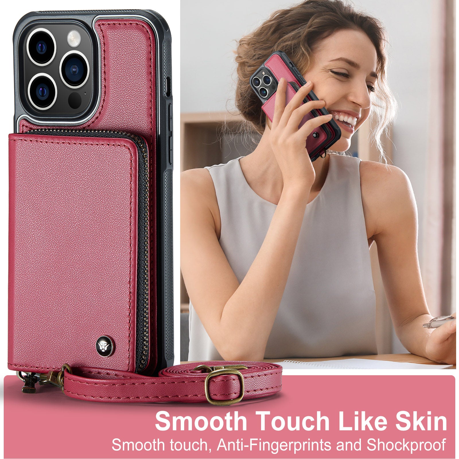 Luxury Leather Wallet Crossbody iPhone Case – Card Slot Holder, Stand Function, Hand Lanyard Strap, Shockproof Protection for iPhone