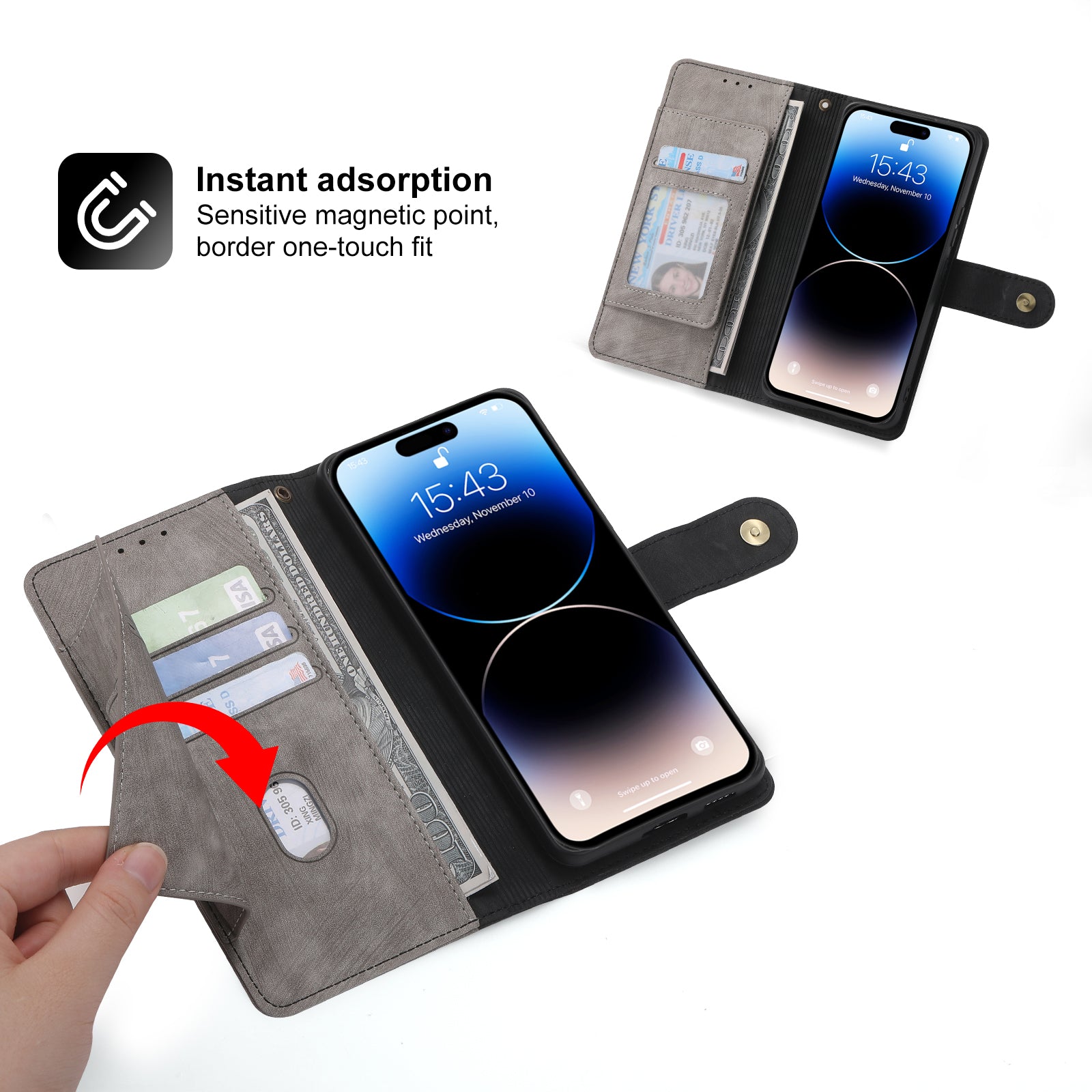 RFID Blocking Leather Wallet iPhone Case – Zipper Flip Cover, Card Slot Holder, Magnetic Stand, Shockproof Protection, Premium Design for iPhone