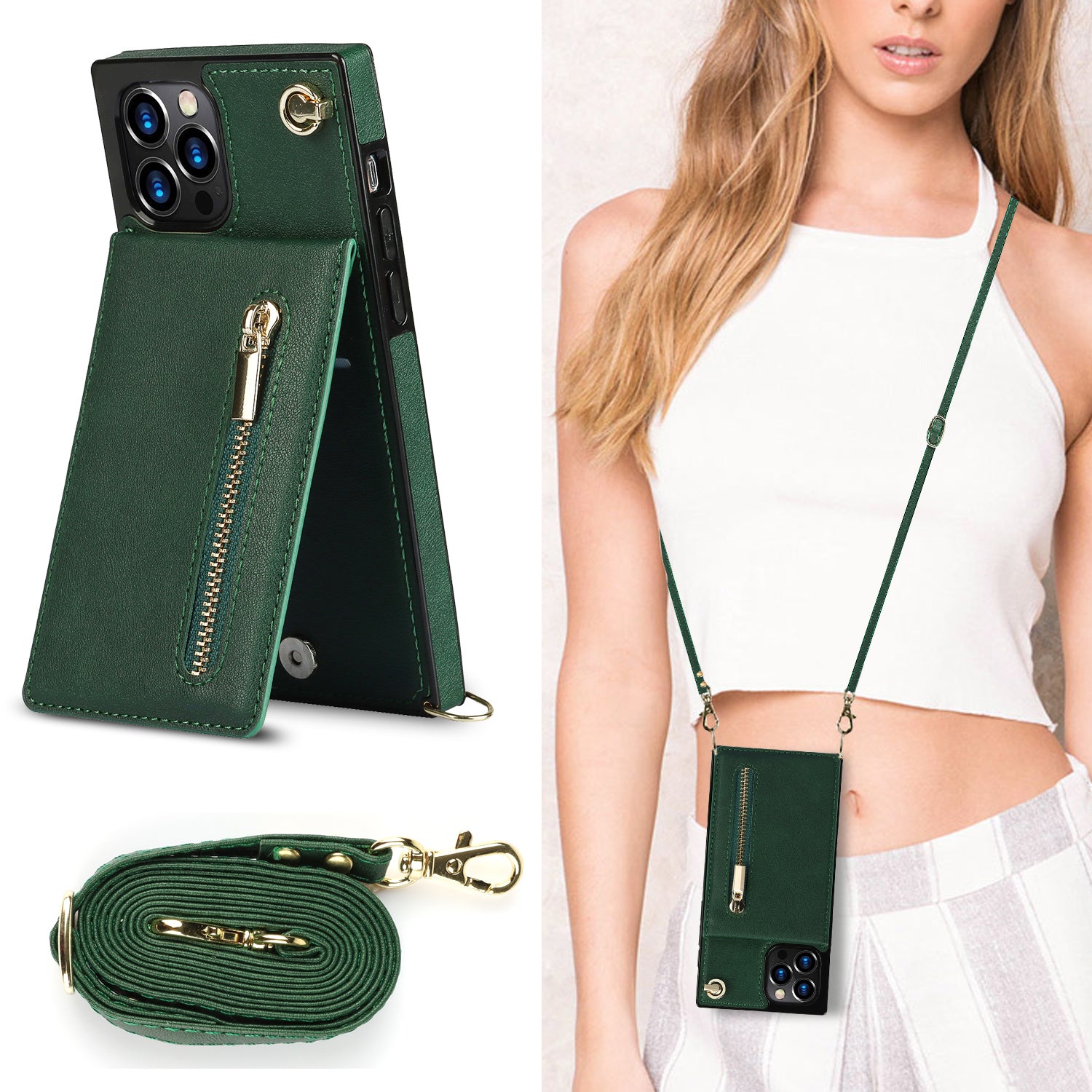Luxury Zipper Wallet Crossbody Leather iPhone Case Card Holder, Lanyard Strap Magnetic Closure, Stylish Flip Cover for iPhone