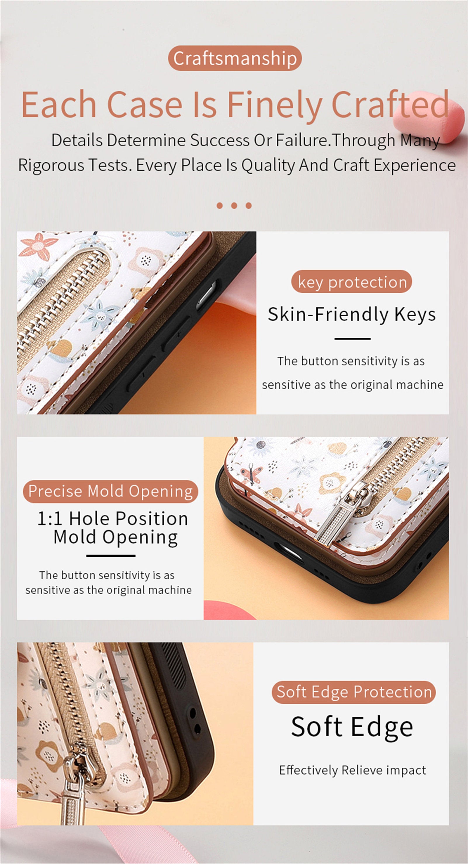 Zipper Card Slot Wallet iPhone Case – Magnetic Closure, Purse Pocket, Floral Design, Shockproof Protective Cover for iPhone