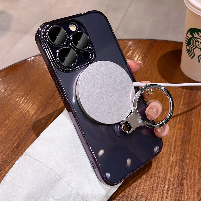 Luxury Ring Holder - Transparent Hard Acrylic Cover, Built-in Bracket, Magnetic Wireless Charging Compatible  Case for iPhone